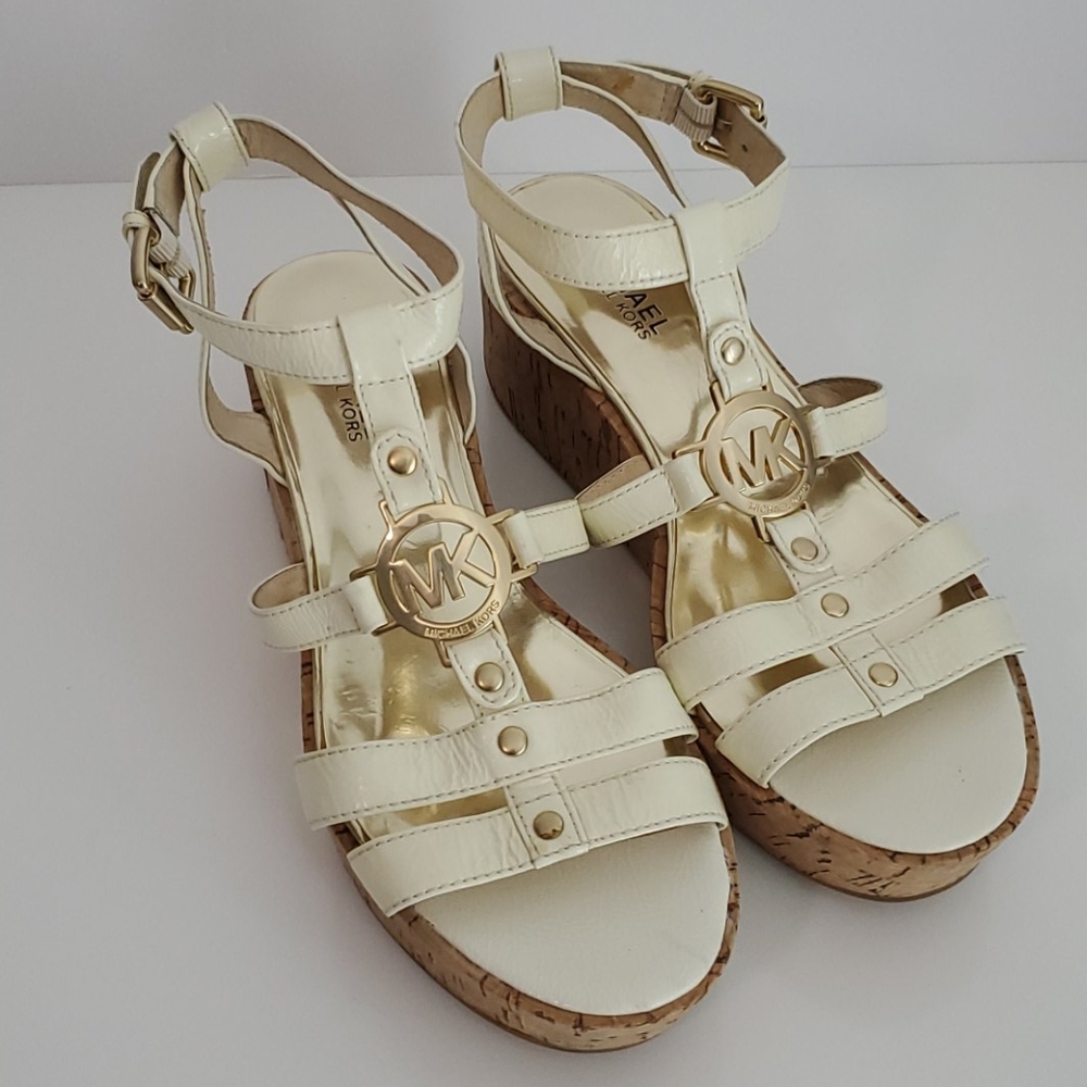 Michael Michael Kors Nash Wedge Cork Sandals Cream Size 7 1/2M